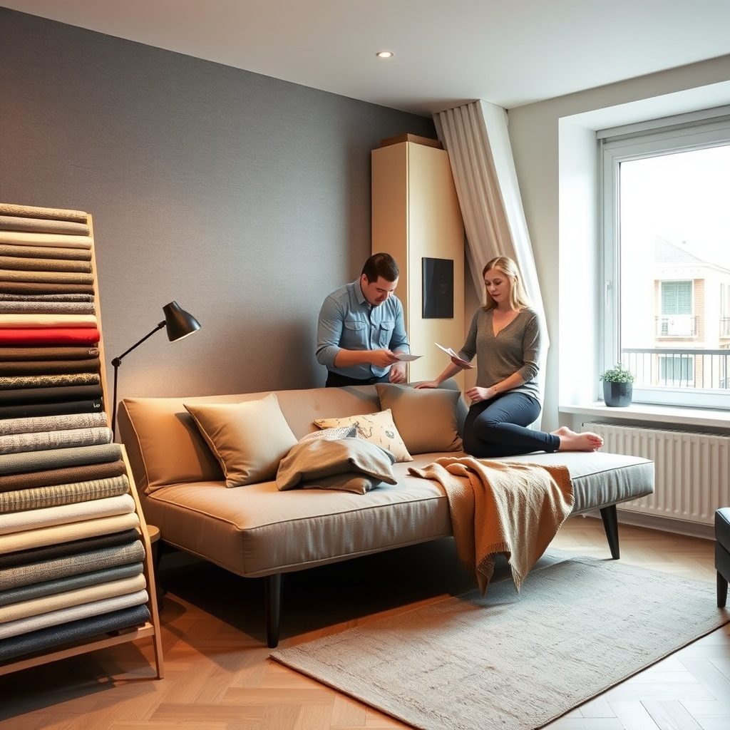 A stylish futon in a modern compact living room