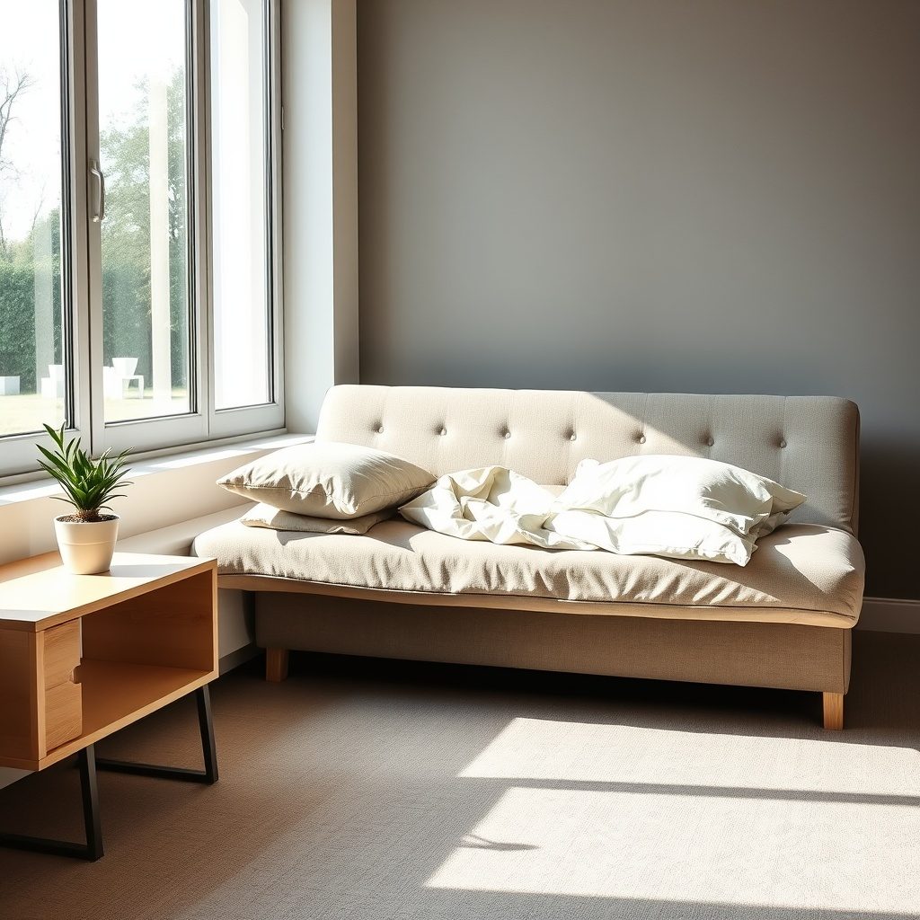 Futon bed in compact living room
