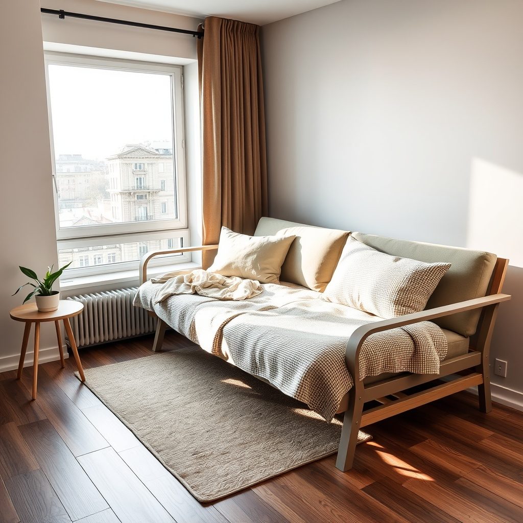 Modern futon in a compact living space